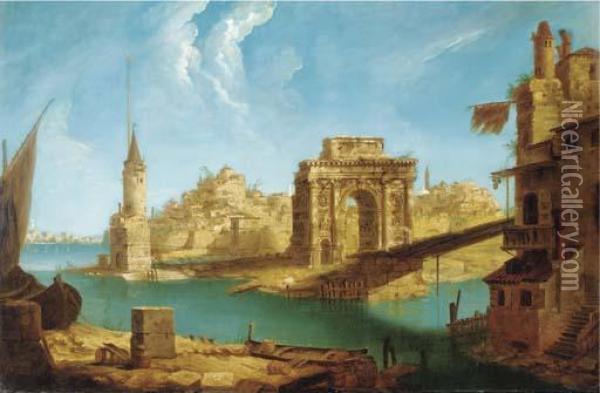 An Architectural Capriccio Of Roman Ruins And Other Buildings In The Laguna Oil Painting - Michele Marieschi