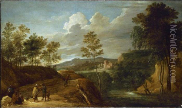 A Hilly Landscape With Gypsies And A Fortune Teller On A Rocky Road Oil Painting - David The Younger Teniers