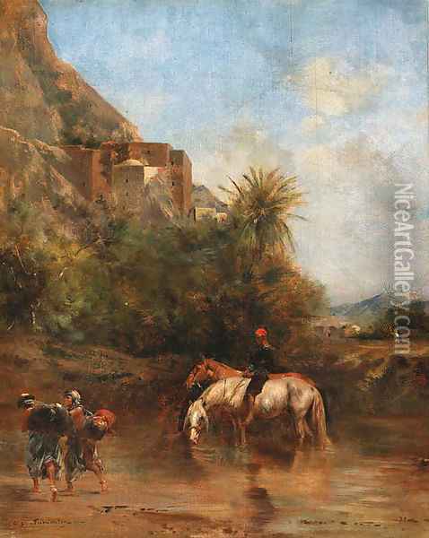 Horses watering, North Africa Oil Painting - Eugene Fromentin