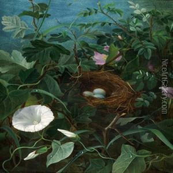 A Bird's Nest Hidden Between Bindweed And Roses Oil Painting - Emma Thomsen