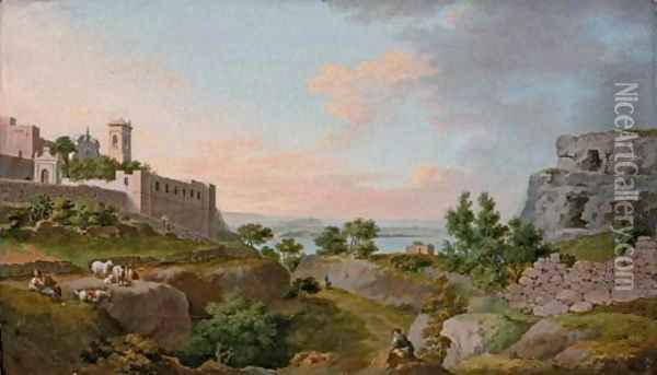 An Italianate landscape with a monastery, herders in the foreground Oil Painting - Thomas Jones