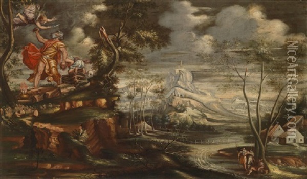 Landschaft Mit Dem Opfer Isaaks (+ Landschaft Mit Jakob Und Dem Brennenden Dornbusch; Pair) Oil Painting - Paolo Fiammingo