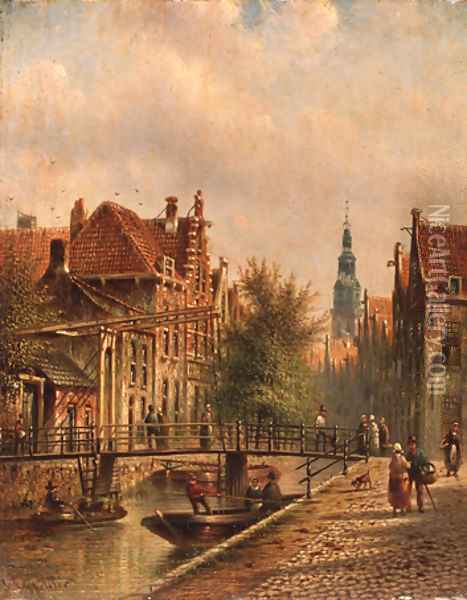 View of a canal in Amsterdam, with figures on a quay Oil Painting - Johannes Franciscus Spohler