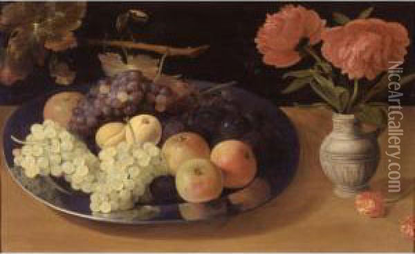 Still Life Of Grapes, Plums And 
Apples On A Silver Platter Together With A Vase With Flowers All Resting
 On A Ledge Oil Painting - Jacob Fopsen van Es
