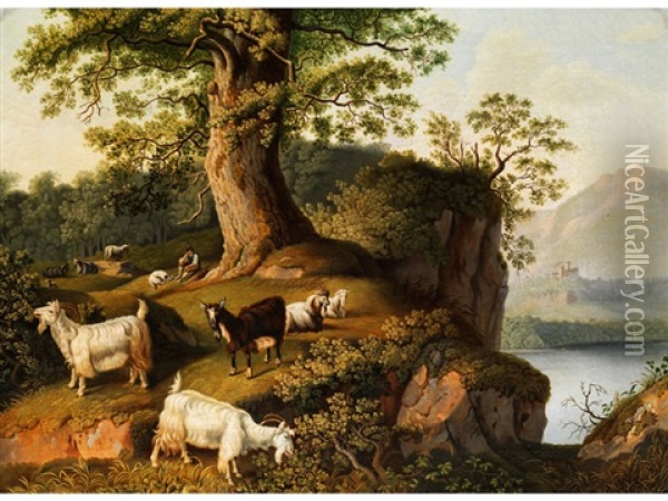 Flusslandschaft Mit Ziegen Und Hirten Oil Painting - Jacob Philipp Hackert