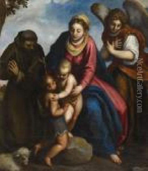 Madonna Mit Christus,johannes, Franziskus Und Engel Oil Painting - Acopo D'Antonio Negretti (see Palma Giovane)