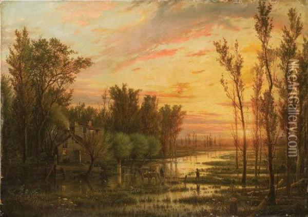 Un Tramonto Dopo La Pioggia, 1866 Oil Painting - Giulio Carmignani