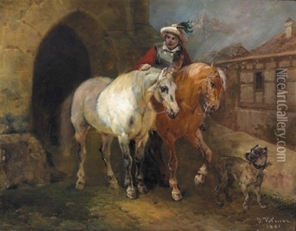 Reiter Mit Zwei Pferden Und Hund Oil Painting - Joseph Simon Volmar