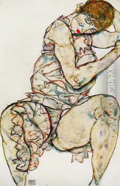 Seated Woman With Her Left Hand In Her Hair Oil Painting - Egon Schiele