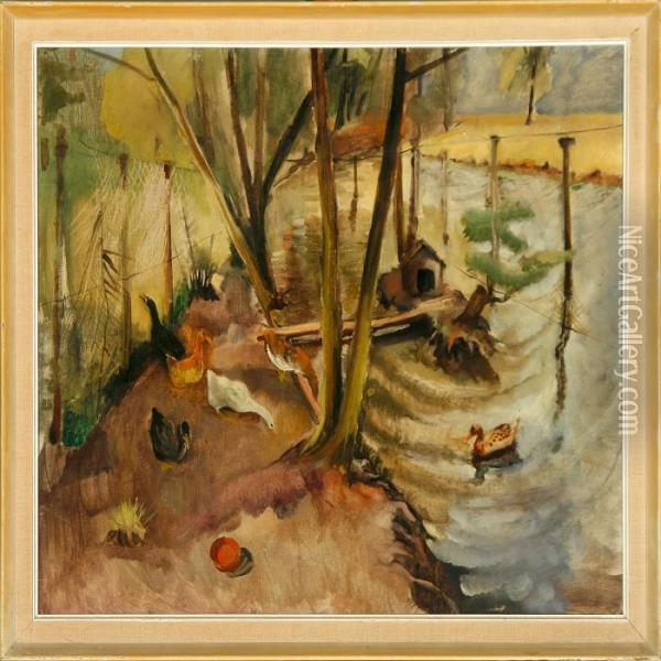 Ducks And Geese At A Pond Oil Painting - Elisabeth Moller Wandel