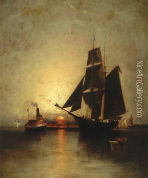 Harbor Scene At Dusk Oil Painting - Elisha Taylor Baker