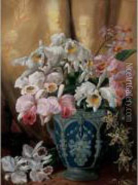 Bouquet D'orchidees Dans Un Vase Sur Un Entablement Oil Painting - Jean-Baptiste Robie