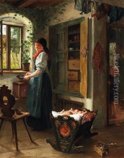 Domestic Idyll In A Parlour In Tolz Oil Painting - Arthur Hutschenreuter