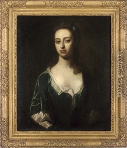 Portrait Of A Lady In A Green Dress Oil Painting - Michael Dahl