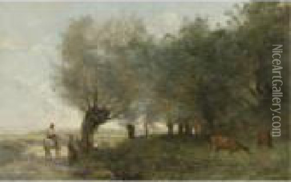 Les Saules A La Pointe De L'ile Oil Painting - Jean-Baptiste-Camille Corot