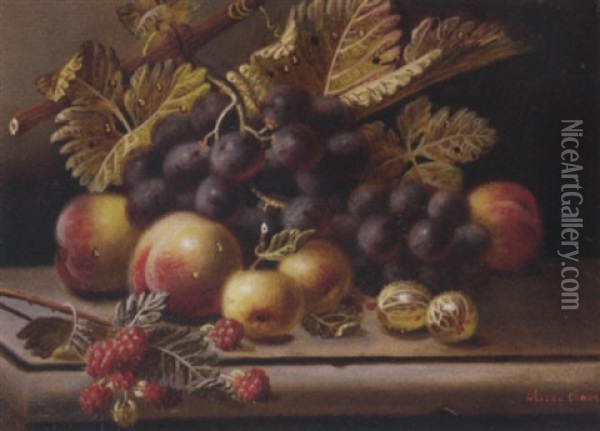 Grapes, Peaches, Gooseberries, Crab Apples, Raspberries, On A Stone Ledge Oil Painting - Oliver Clare