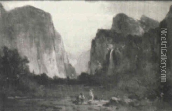 Indians In Yosemite Oil Painting - Thomas Hill
