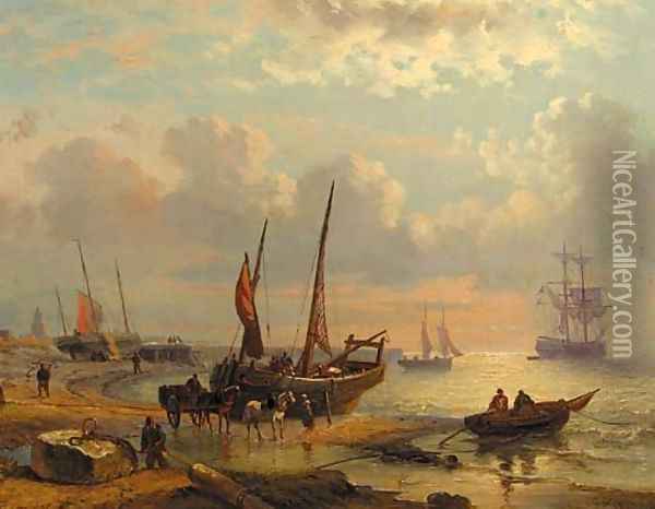 A coastal scene with sailingvessels and fishermen at work on a beach Oil Painting - George Willem Opdenhoff