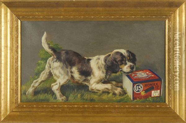 U.s. Cartridge Co. Depicting An English Setter Playing With A Box Of U.s. Ammunition Company's Romax Brand Black Powder Shells Oil Painting - Edmund Henry Osthaus