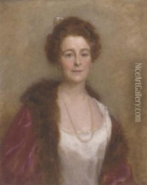 Portrait Of A Lady In A Fur-trimmed Cloak And White Dress Oil Painting - Edward Patry