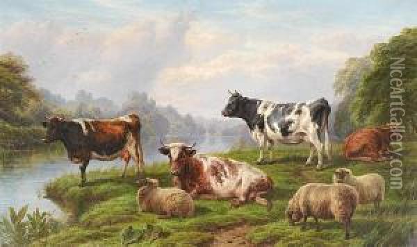 Cattle And Sheep By A River Oil Painting - Charles Jones