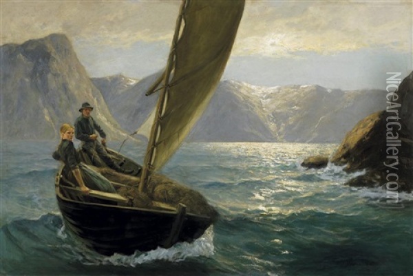 Die Uberfahrt. Bauernpaar In Seinem Boot Auf Einem Norwegischen Fjord Oil Painting - Hans Dahl
