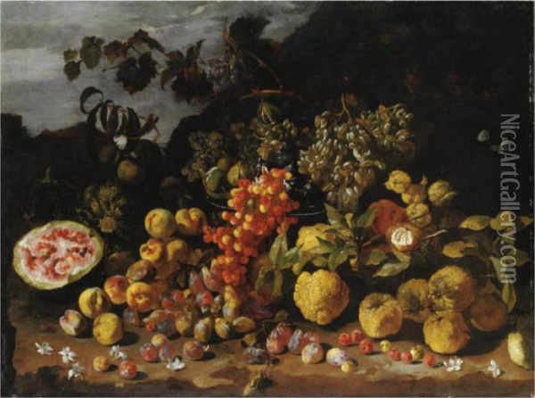 Natura Morta Di Frutta Con Prugne, Ciliegie, Anguria E Uva Oil Painting - Luca Forte