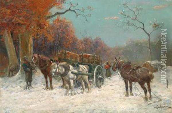 Holzarbeiter Im Winter Oil Painting - Adolf Kaufmann