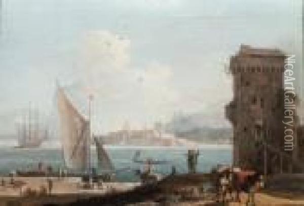 An Extensive View Of An Port With A Tower In The Foreground, A Fortbeyond Oil Painting - Marco Ricci