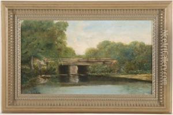 River Landscape With Bridge Oil Painting - John Ribchester