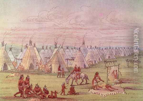 Comanchee Village Oil Painting - George Catlin