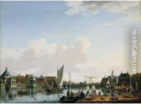 Ouderkerk, Near Amsterdam, A 
View From The West Bank Of The River Amstel Looking Upstream Towards The
 Village Oil Painting - Isaak Ouwater