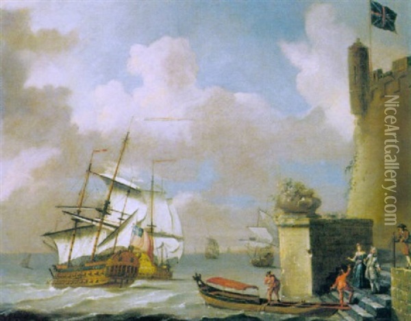 Seascape With Elegant Figures Approaching A Barge, British Men-of-war Beyond Oil Painting - Peter Monamy