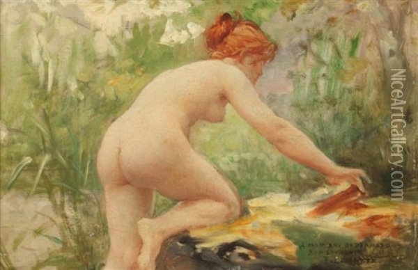 Female Nude Bather Oil Painting - Fernand Lematte