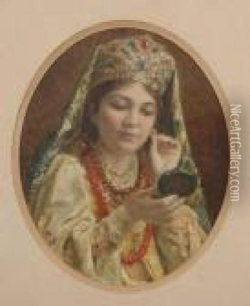 Woman Looking At Earring In Pocket Mirror Oil Painting - Vladimir Egorovic Makovsky