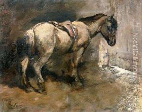 Saddled Pony In Stable Interior Oil Painting - George Pirie