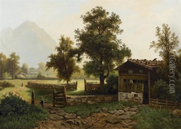 Sommerliche Voralpenlandschaft Mit Bauernhaus Oil Painting - Theodor (Wilhelm T.) Nocken