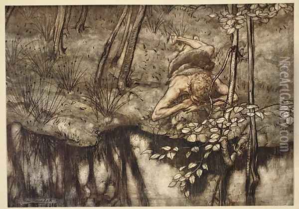 Siegfried sees himself in the stream, illustration from Siegfried and the Twilight of the Gods, 1924 Oil Painting - Arthur Rackham