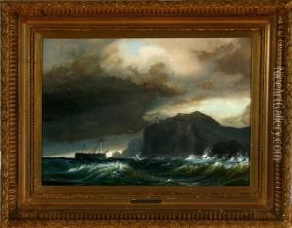 Marine With A Foundering Brig Near A Precipitous Rocky Coast Oil Painting - Anton Melbye