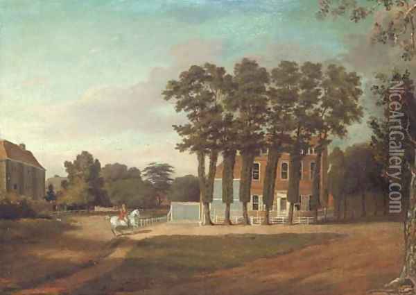 Figure on horseback outside a country house Oil Painting - English School