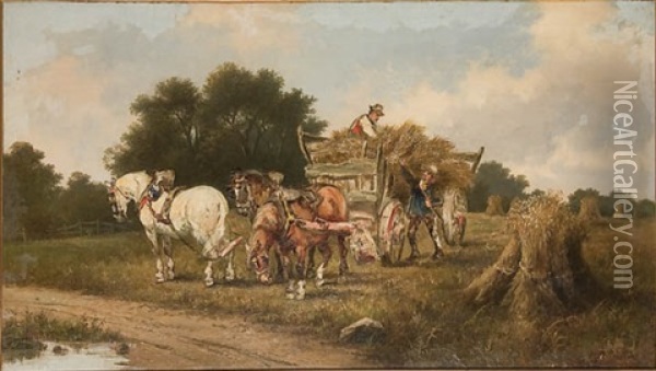 Gathering Hay (collab. W/harden Melville) Oil Painting - Hendrik Pieter Koekkoek