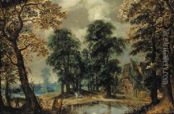 A Wooded Landscape With A Horseman Before A Cottage By A Pond Oil Painting - Pieter van der Hulst the Elder