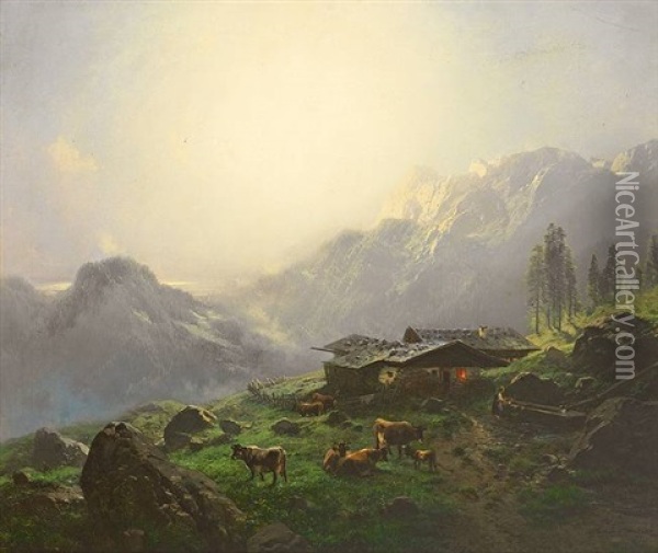 Prachtvolle Abendliche Alpenlandschaft Mit Sennhutte Und Vieh Auf Der Weide Oil Painting - Karl Millner