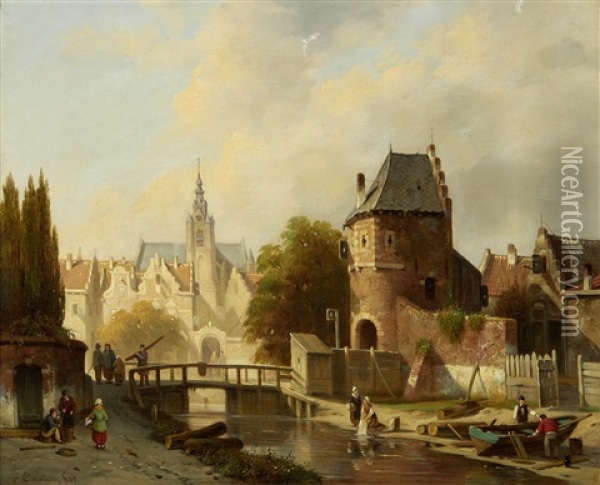 Town Scene, Belgium Oil Painting - Jacques Francois Carabain