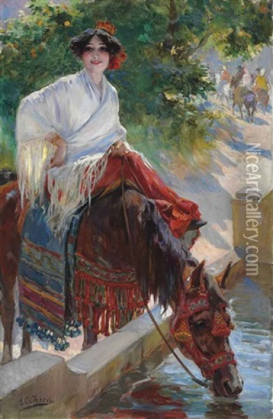 Watering The Horse Oil Painting - Ulpiano Checa Sanz