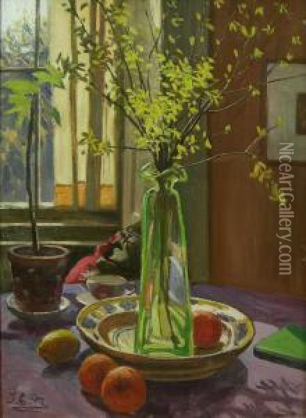Still Life With Forsythia Oil Painting - Thomas Corsan Morton