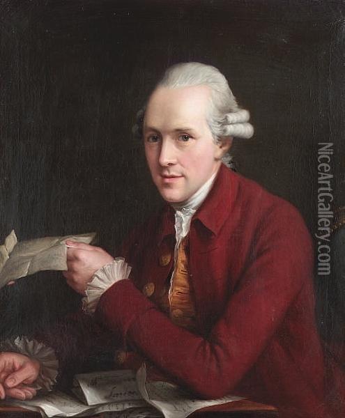 Portrait Of A Gentleman, Half-length, In A Crimson Coat With A Gold Waistcoat, Seated At A Desk, Holding A Letter Oil Painting - John Francis Rigaud