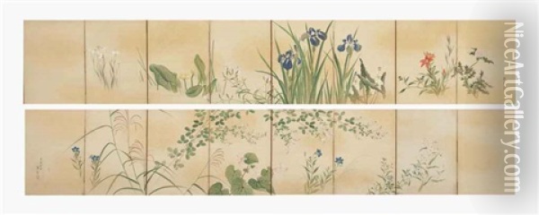 Flowers And Grasses Of The Four Seasons (pair) Oil Painting - Maruyama Oshin
