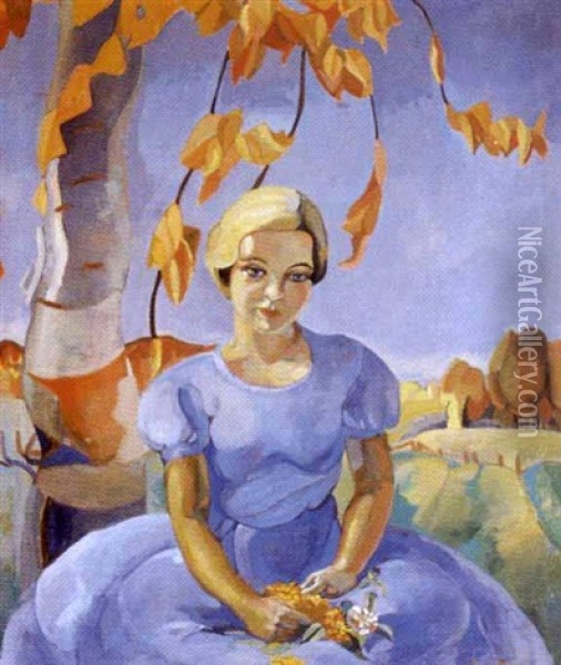 Portrait Of A Young Lady In A Blue Dress Oil Painting - Pegi Nicol Macleod