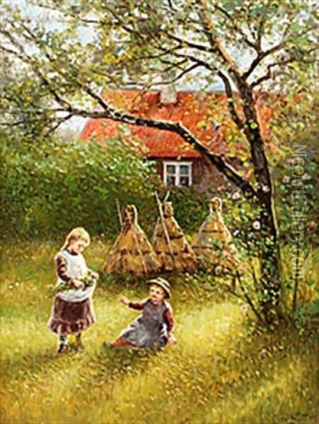 Blomsterplockande Barn Vid Bikupor Oil Painting - Johan Severin Nilsson